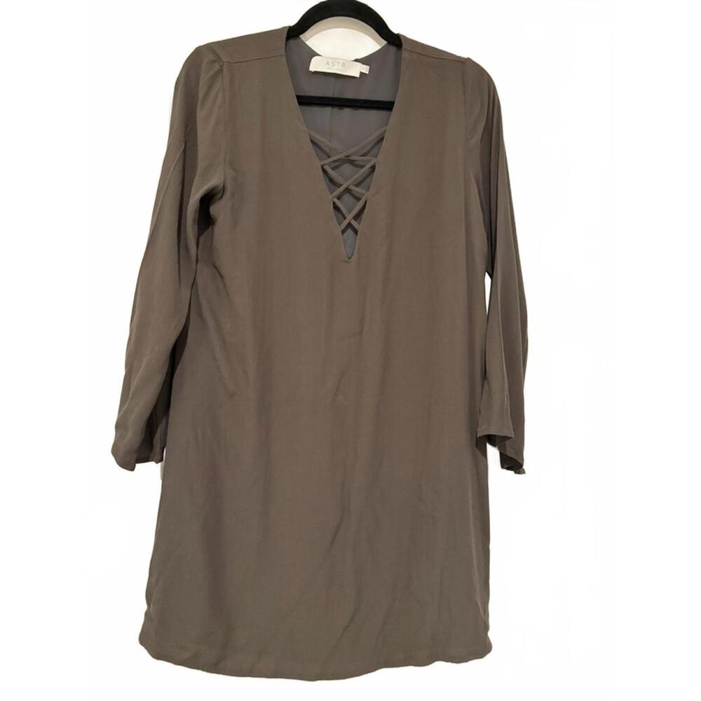 Altard State olive green mini shirt dress 3/4 sleeve crosscross V neck sz S 1639